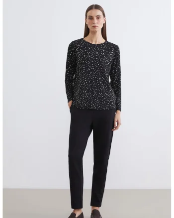 Bluza cu decolteu rotund si model, Negru/Bej deschis