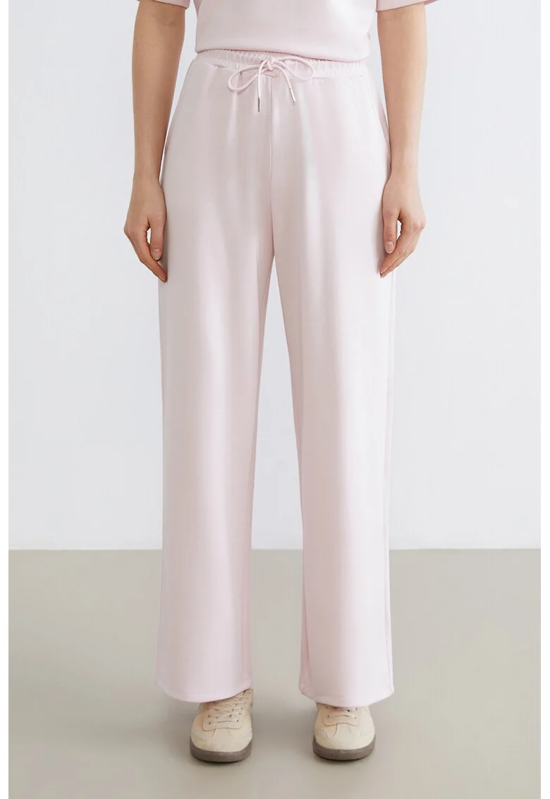 Pantaloni de trening cu croiala ampla si talie inalta, Roz pal