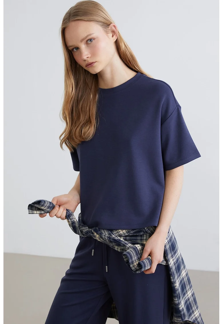 Tricou supradimensionat cu decolteu la baza gatului, Albastru indigo
