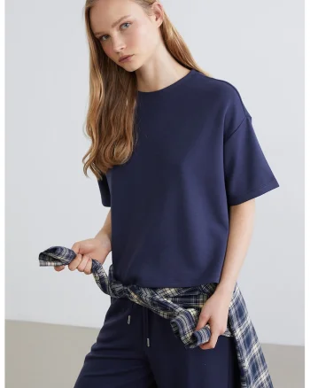 Tricou supradimensionat cu decolteu la baza gatului, Albastru indigo