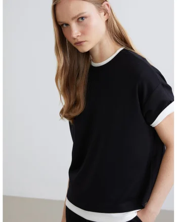 Tricou supradimensionat cu decolteu la baza gatului, Negru