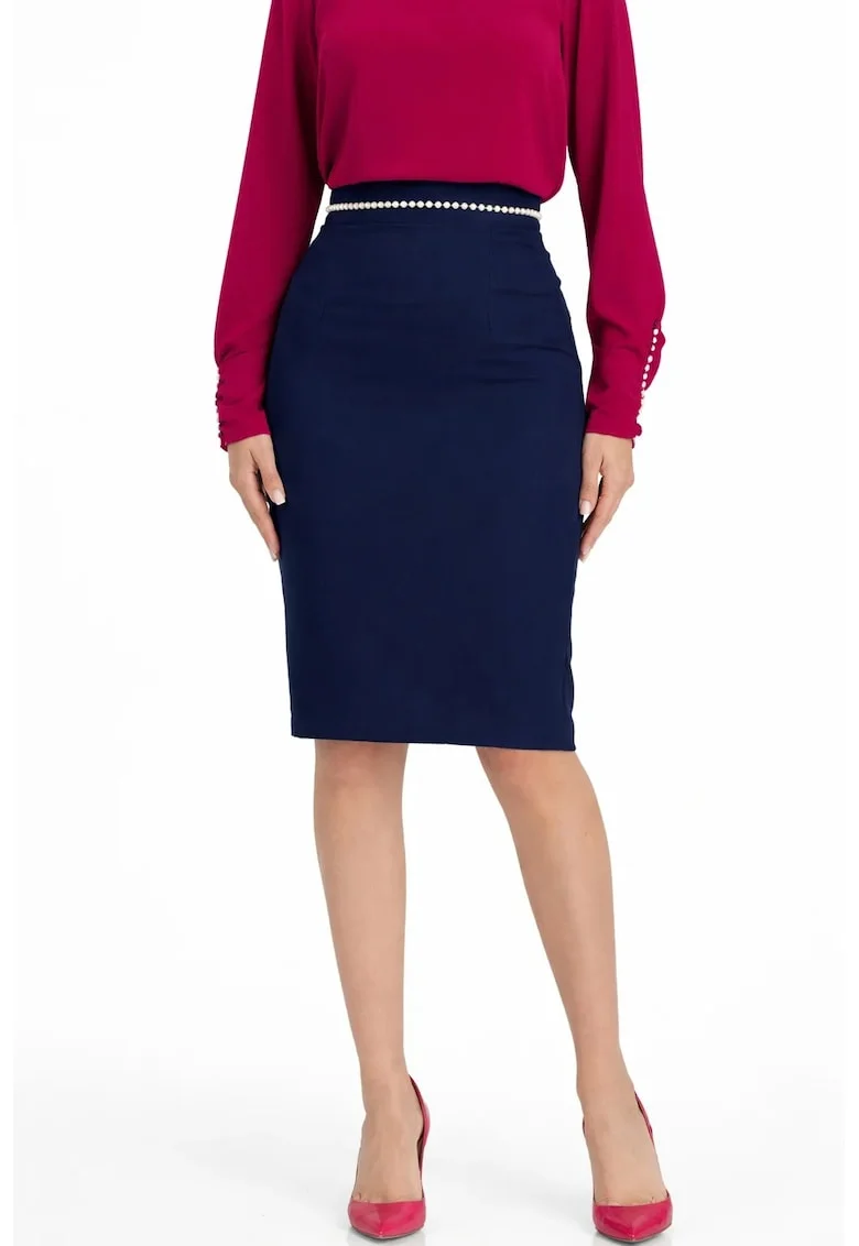 Fusta creion pana la genunchi din stofa elastica, accesorizata cu perle Negru, Albastru
