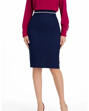 Fusta creion pana la genunchi din stofa elastica, accesorizata cu perle Negru, Albastru