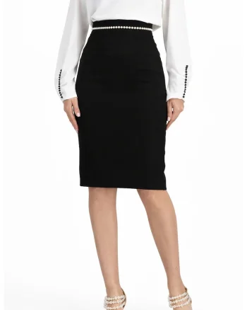 Fusta creion pana la genunchi din stofa elastica, accesorizata cu perle Negru, Negru