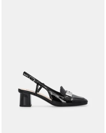Pantofi slingback din piele lacuita cu varf patrat, Negru