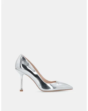 Pantofi cu varf ascutit, aspect oglinda si toc stiletto, Argintiu