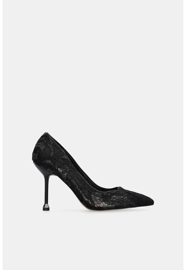 Pantofi din dantela cu varf ascutit si toc stiletto, Negru