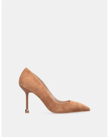 Pantofi din piele intoarsa cu varf ascutit si toc stiletto, Maro camel