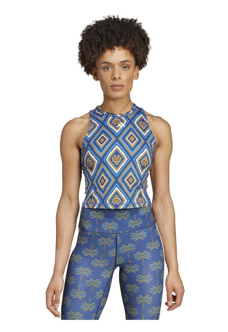 Maiou sport dama, adidas, FARM Rio, imprimeu colorat, albastru, material reciclat