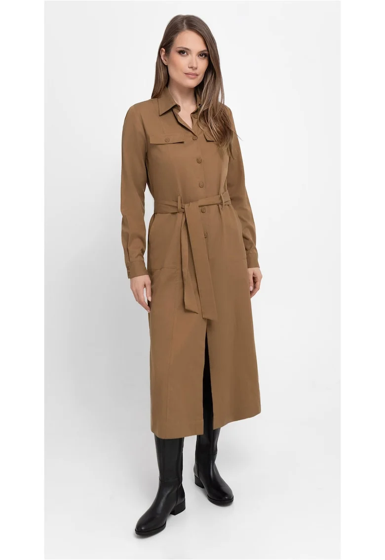 Rochie-camasa maxi cu maneci lungi  G-Villa, cu cordon, nasturi, camel, Maro/Maro camel