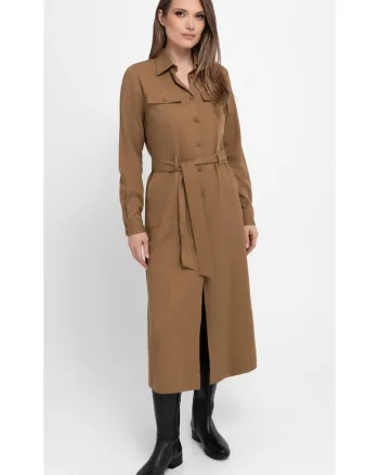 Rochie-camasa maxi cu maneci lungi  G-Villa, cu cordon, nasturi, camel, Maro/Maro camel