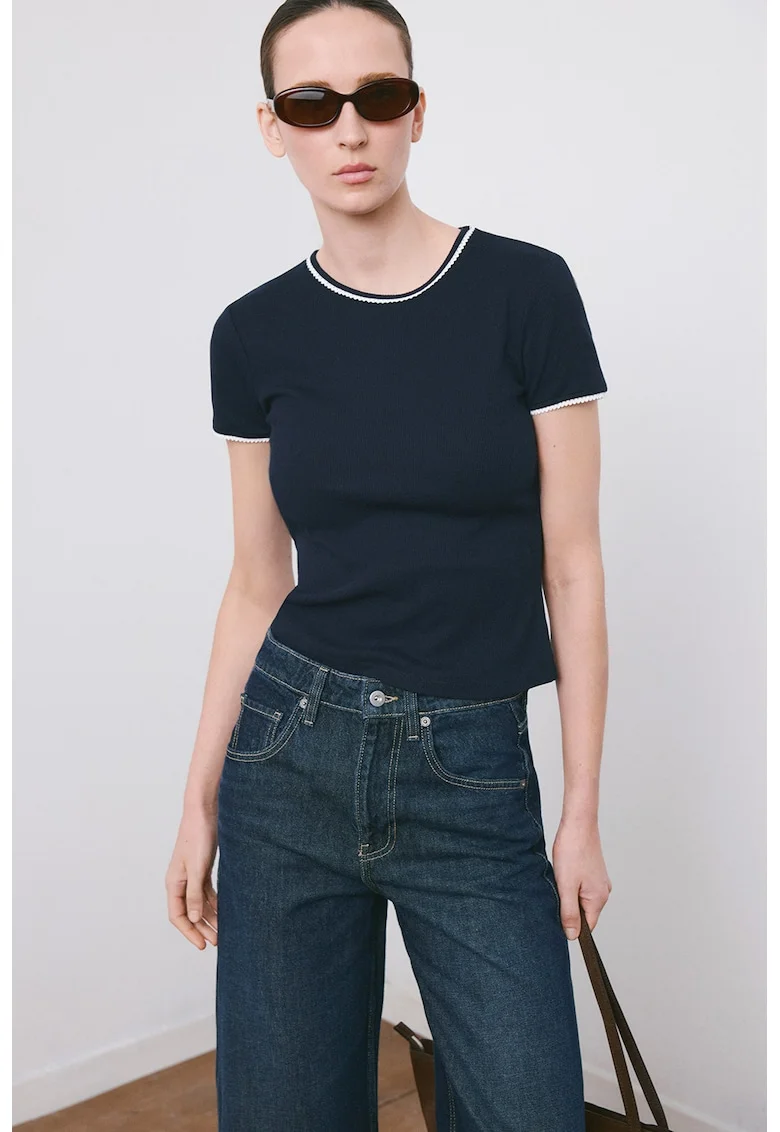 Tricou striat cu decolteu la baza gatului, Alb/Albastru ultramarin