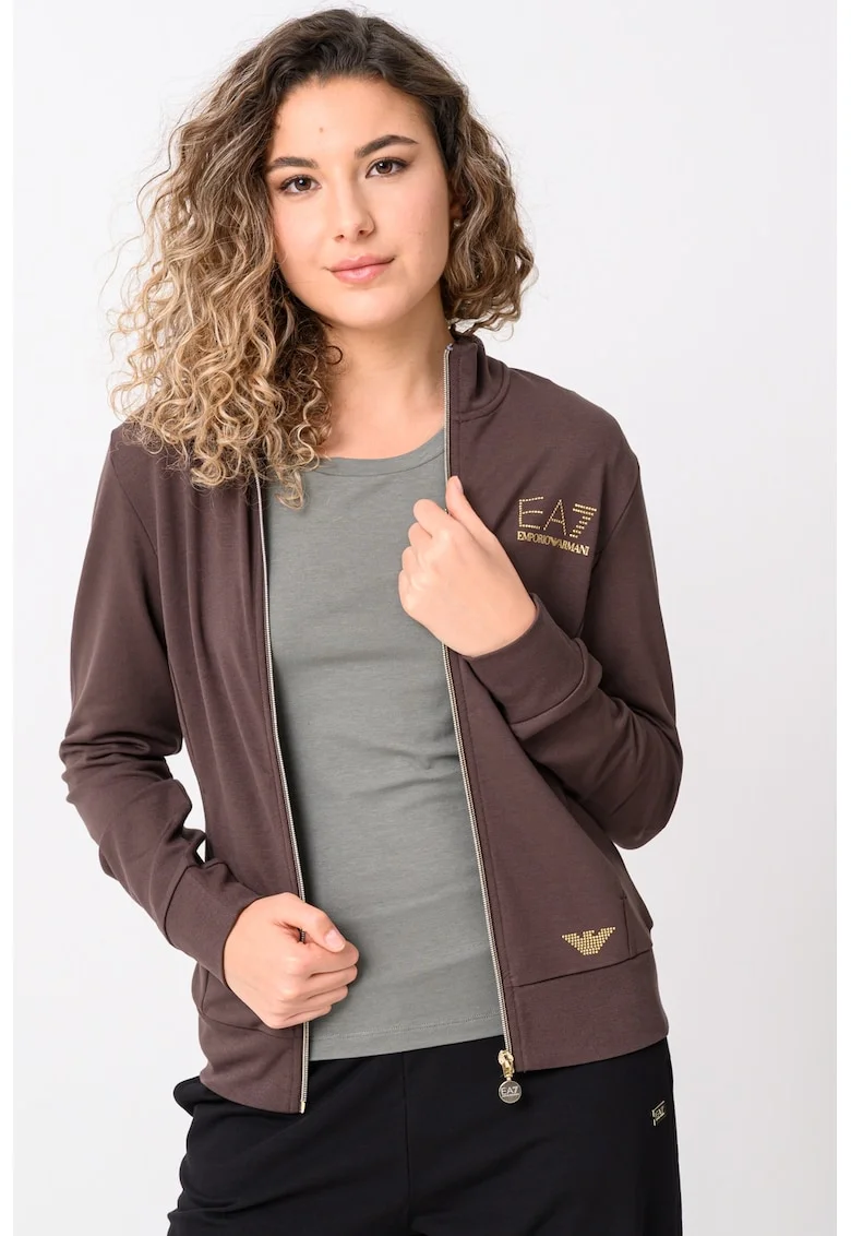 Bluza sport cu fermoar si buzunare laterale, Maro inchis