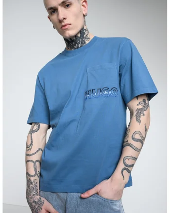 Tricou cu detaliu logo si buzunar pe piept, Albastru petrol