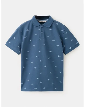Tricou polo din bumbac cu imprimeu tropical, Albastru prafuit