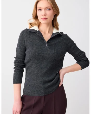 Bluza polo din amestec de lana, Gri inchis melange