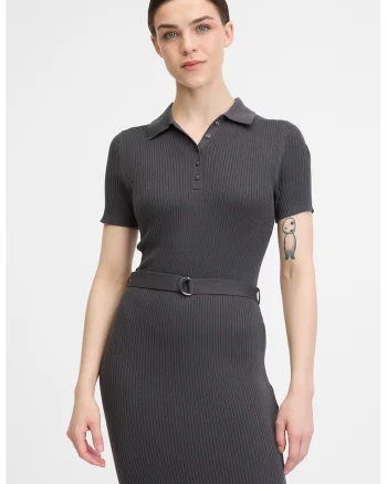 Rochie midi cambrata cu striatii, Gri antracit