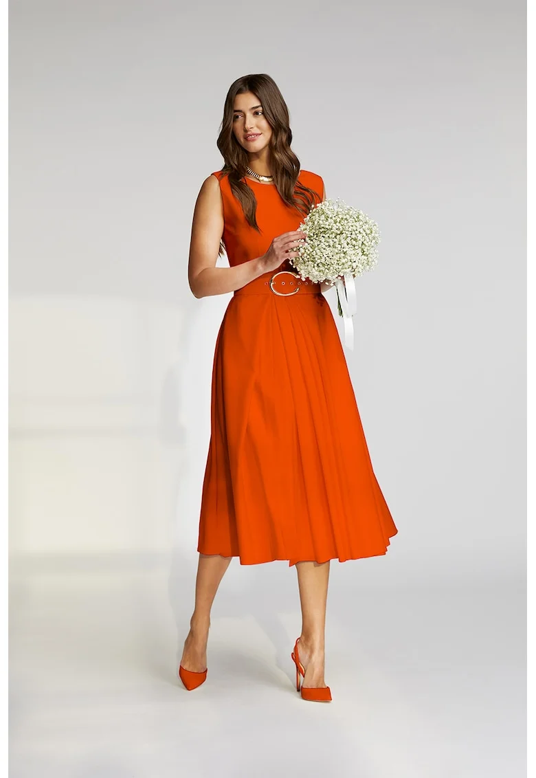 Rochie midi cu croiala in A si curea Vienna, Portocaliu mandarina