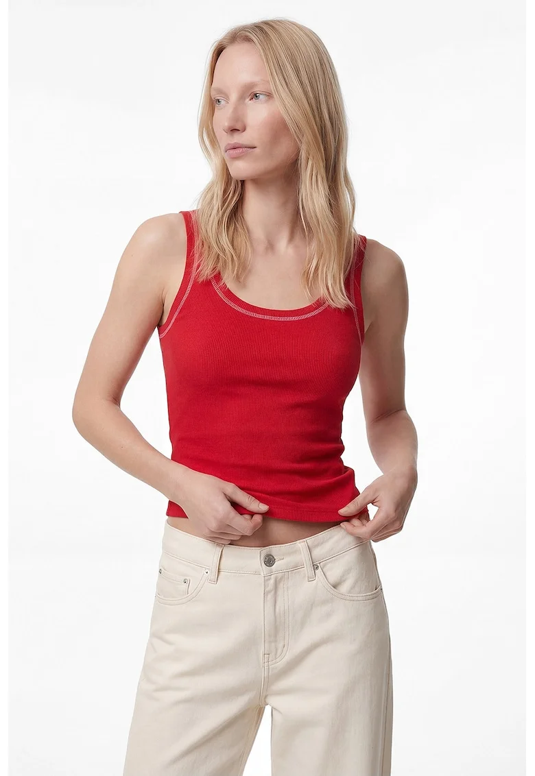 Top slim-fit cu model uni, Alb/Rosu vermillion