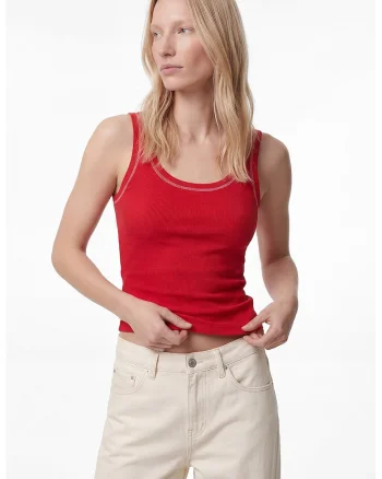Top slim-fit cu model uni, Alb/Rosu vermillion