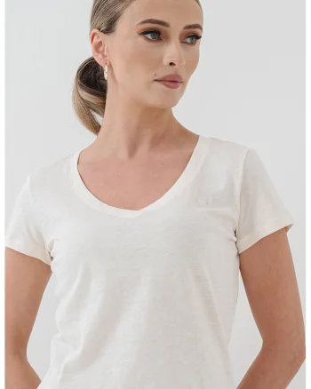 Tricou de bumbac cu decolteu rotund, Alb fildes
