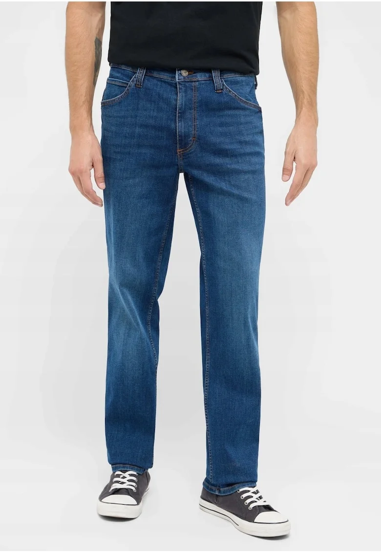 Blugi Barbati,  Straight Fit, Talie Medie, Fermoar, Lungi, 5 Buzunare, Bumbac, Albastru, Albastru