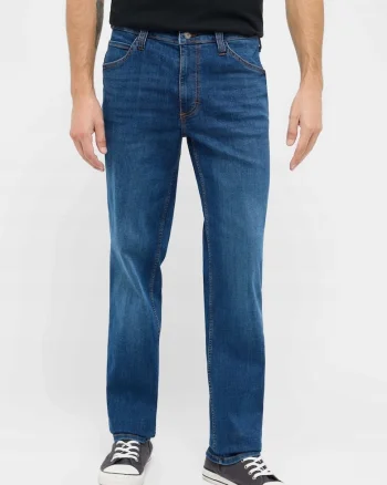 Blugi Barbati,  Straight Fit, Talie Medie, Fermoar, Lungi, 5 Buzunare, Bumbac, Albastru, Albastru
