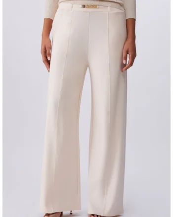 Pantaloni cu talie medie si lant decorativ, Crem