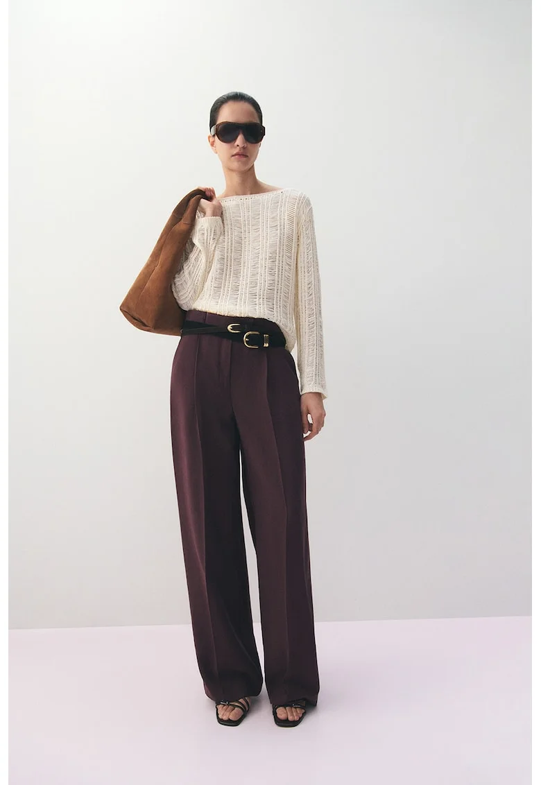 Pantaloni din amestec de lyocell cu croiala ampla si pliuri frontale, Violet pruna