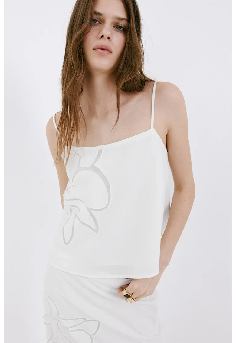 Top cu barete multiple si detaliu floral, Alb murdar