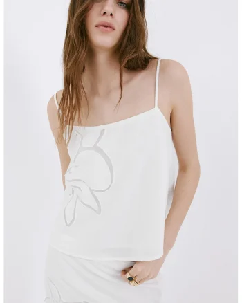 Top cu barete multiple si detaliu floral, Alb murdar
