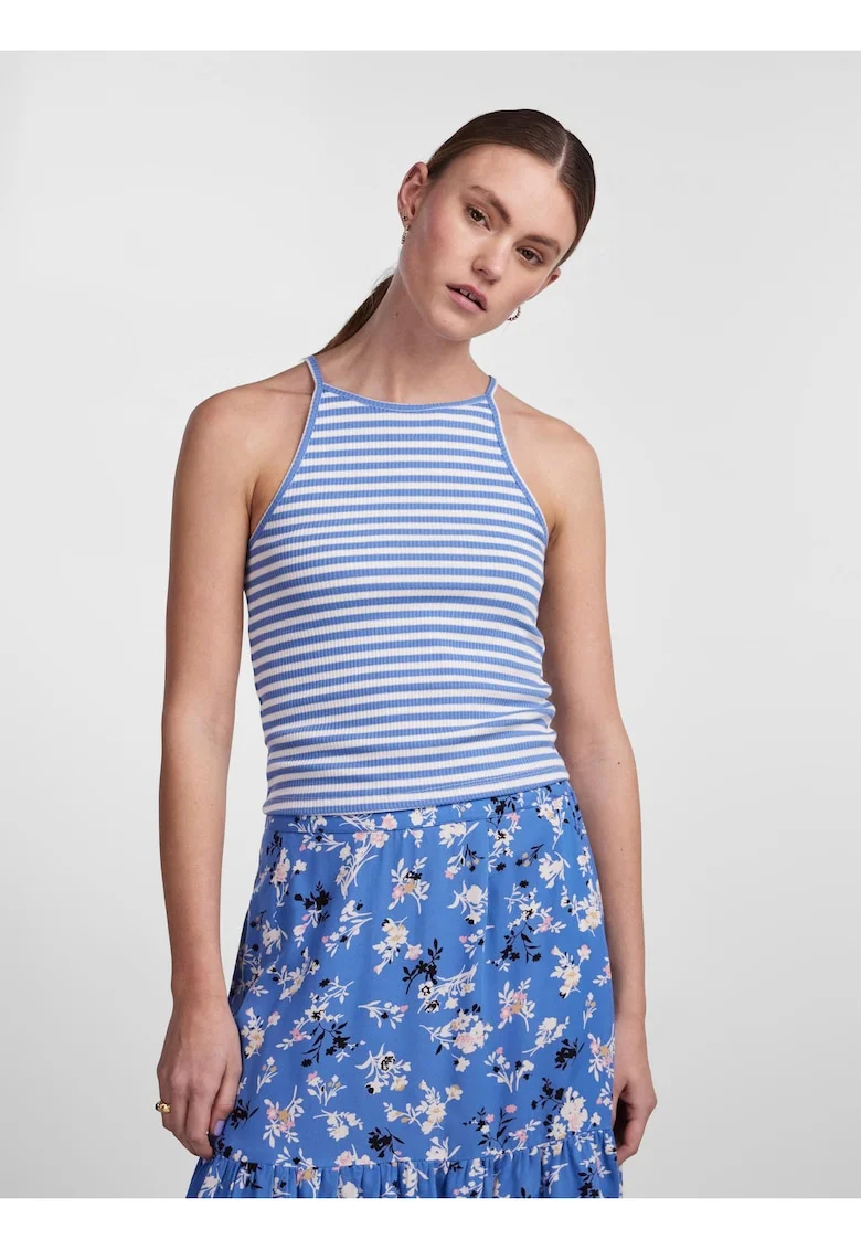 Top slim fit cu model in dungi si decolteu patrat,