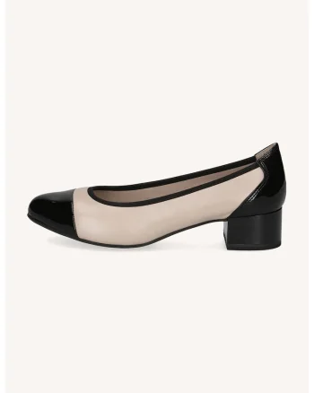 Pantofi de piele si piele ecologica cu toc masiv, Negru/Bej