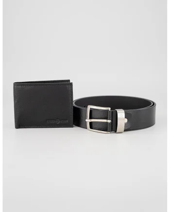 Set de portofel din piele si curea, Negru