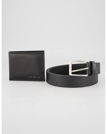 Set de curea din piele, portofel si portcart, Negru