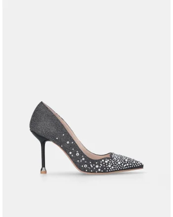 Pantofi din denim cu varf ascutit si strasuri, Gri