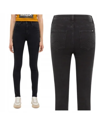 Blugi Dama,  Georgia Super Skinny, Slim Fit, Talie Inalta, 5 Buzunare, Fermoar, Lungi, Bumbac, Negru, Negru
