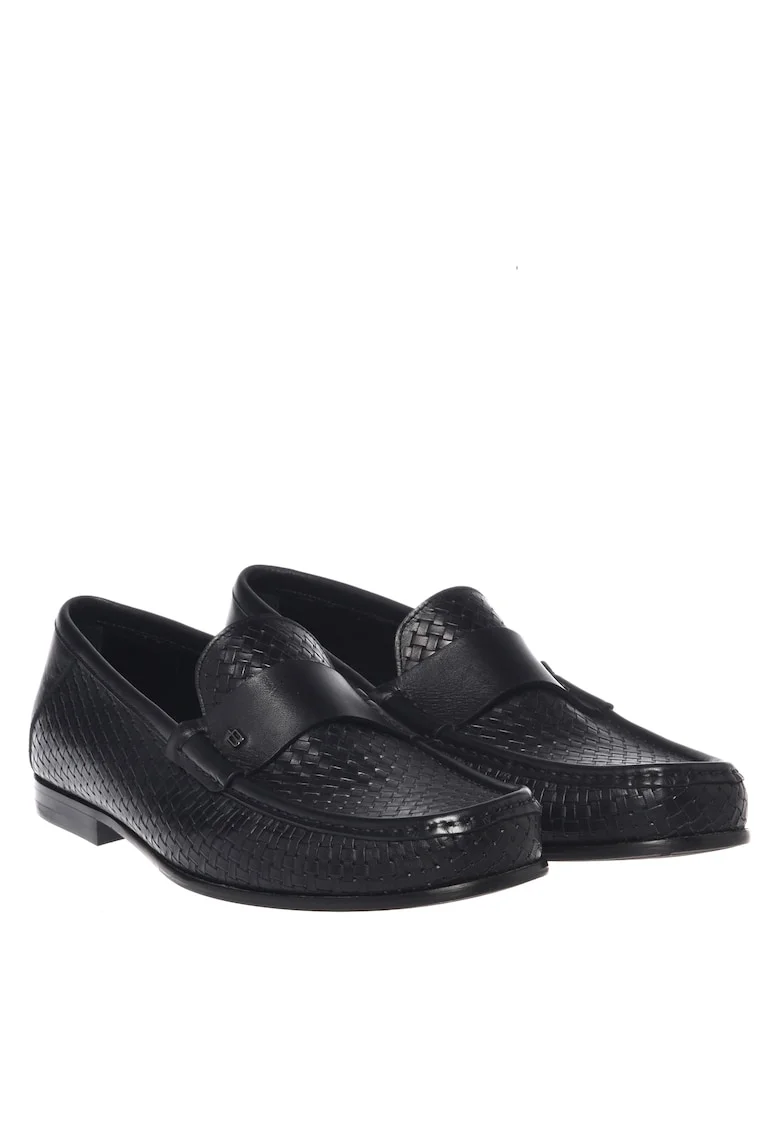 Pantofi loafer de piele cu aspect tesut, Negru