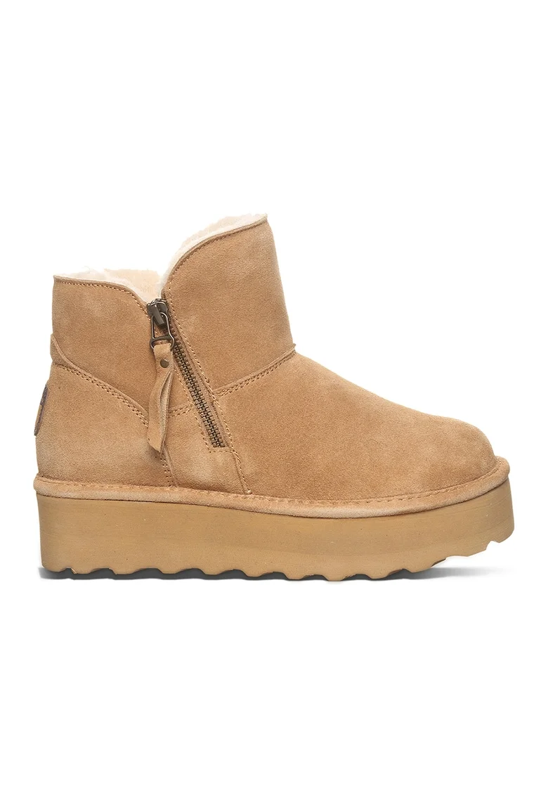 Ghete flatform de piele intoarsa cu fermoar, Maro camel
