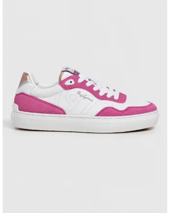 Pantofi sport cu piele intoarsa si piele peliculizata, Fucsia/Alb optic/Argintiu