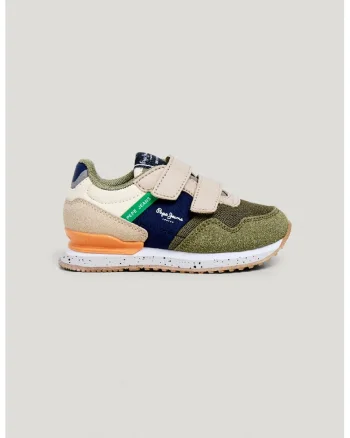 Pantofi sport cu model colorblock si velcro, Verde sparanghel/Bej deschis/Bleumarin