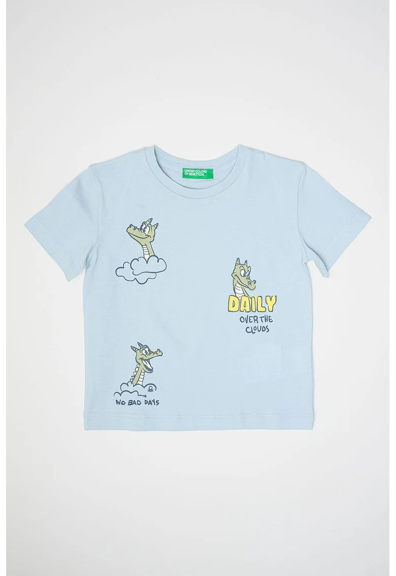 Tricou din bumbac cu imprimeu grafic si text frontal, Albastru ultramarin/Albastru lavanda/Verde sparanghel