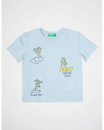 Tricou din bumbac cu imprimeu grafic si text frontal, Albastru ultramarin/Albastru lavanda/Verde sparanghel