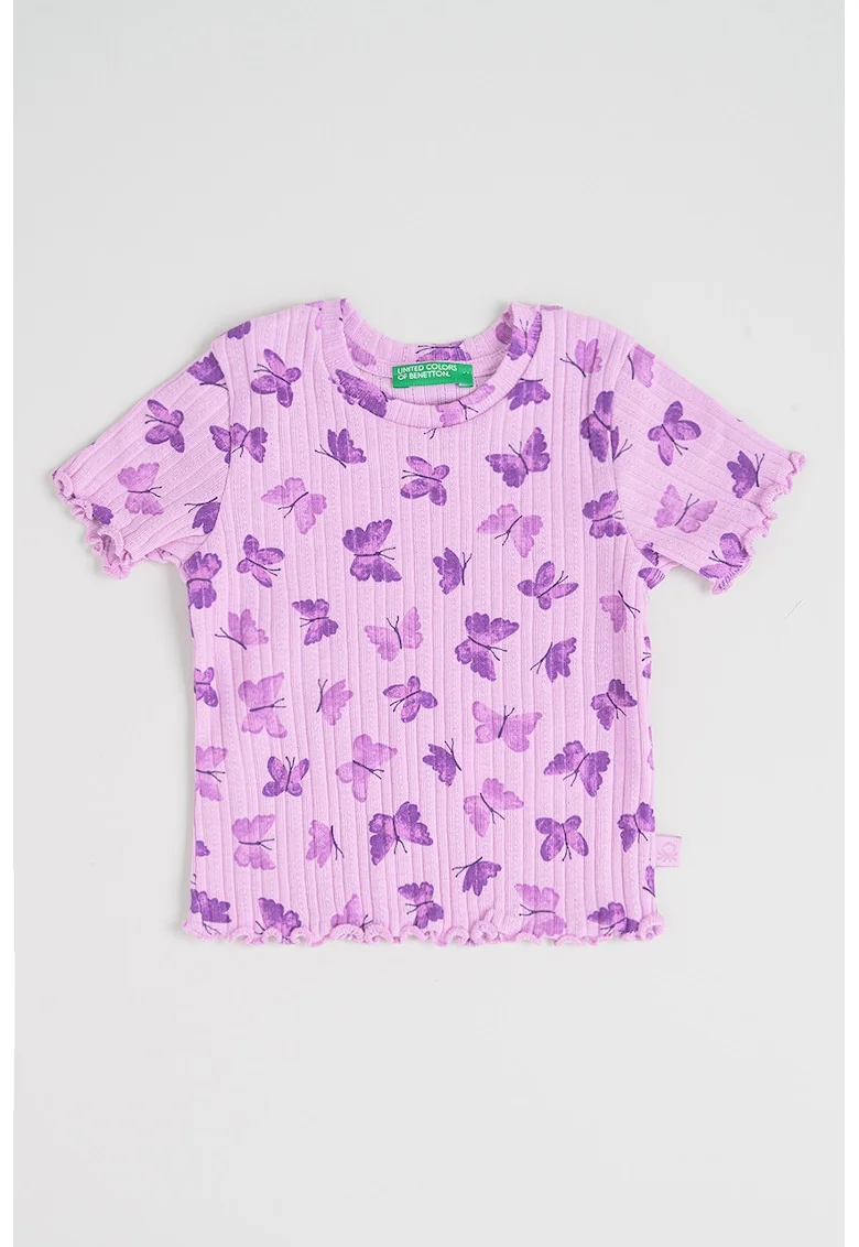 Tricou cu decolteu la baza gatului si imprimeu grafic, Lila/Violet pruna