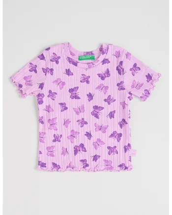Tricou cu decolteu la baza gatului si imprimeu grafic, Lila/Violet pruna
