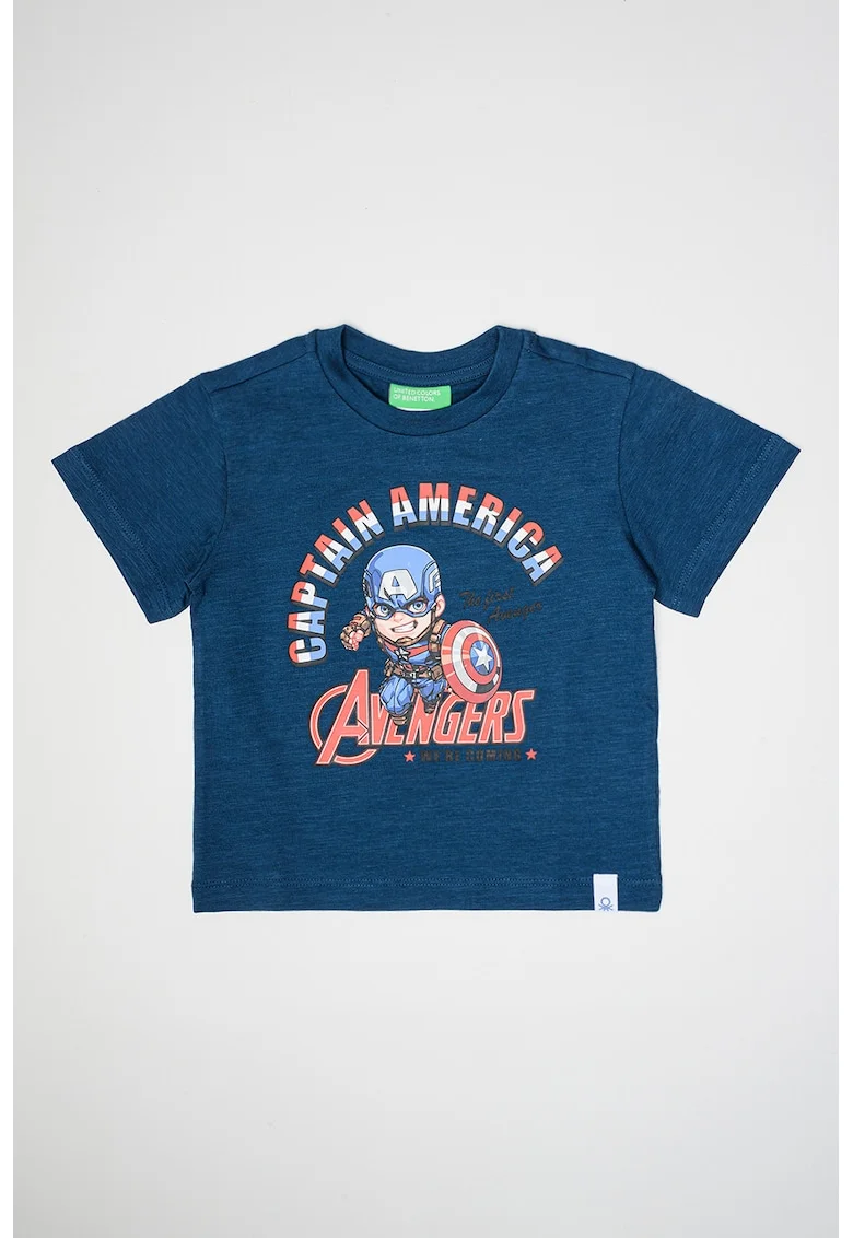 Tricou cu decolteu la baza gatului si imprimeu cu desene animate, Rosu/Alb/Bleumarin