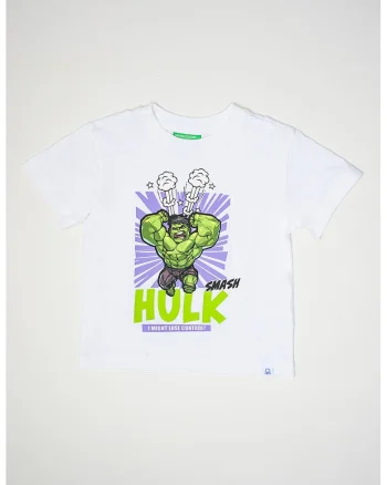 Tricou cu decolteu la baza gatului si imprimeu cu desene animate, Alb/Ametist/Verde lime