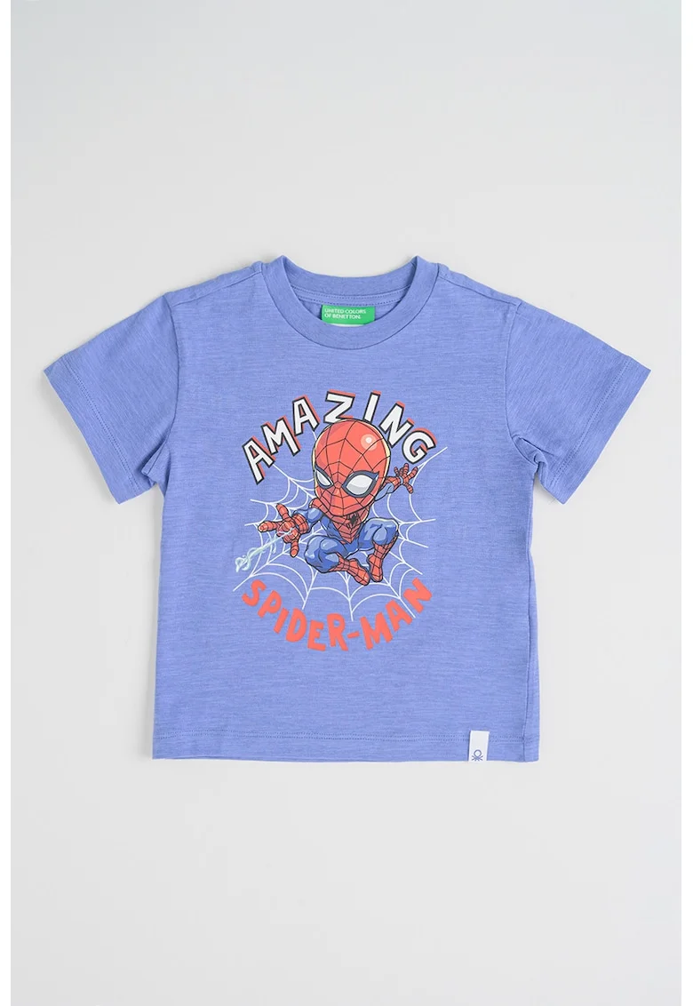 Tricou cu decolteu la baza gatului si imprimeu cu desene animate, Rosu/Alb/Albastru prafuit