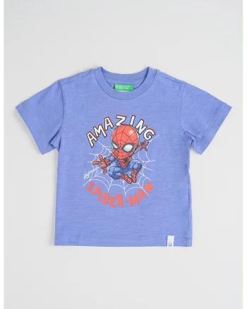 Tricou cu decolteu la baza gatului si imprimeu cu desene animate, Rosu/Alb/Albastru prafuit
