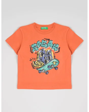 Tricou din bumbac cu imprimeu grafic si text frontal, Albastru inchis/Coral/Verde persan
